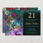 Antiek geïllustreerd pacock & bloemen van afgelope kaart (Voorkant / Achterkant)