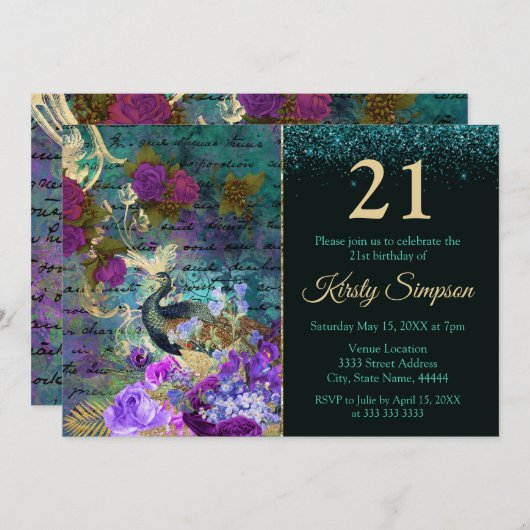 Antiek geïllustreerd pacock & bloemen van afgelope kaart (Voorkant / Achterkant)