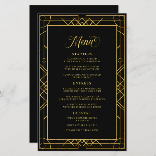 Antiek Geometric Gold Lijst Black Wedding Menu (Voorkant / Achterkant)