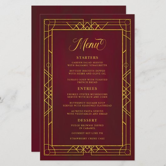 Antiek Geometric Gold Lijst Burgundy Wedding Menu (Voorkant / Achterkant)