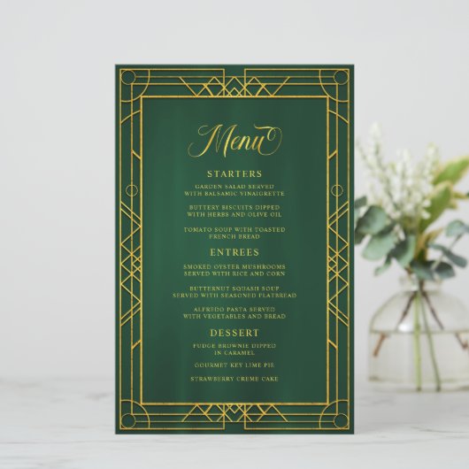 Antiek Geometric Gold Lijst Emerald Wedding Menu (Staand voorkant)