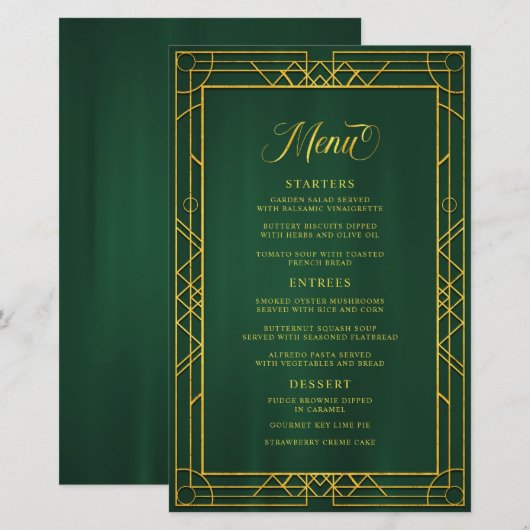 Antiek Geometric Gold Lijst Emerald Wedding Menu (Voorkant / Achterkant)