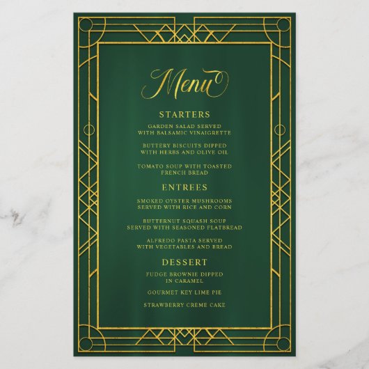 Antiek Geometric Gold Lijst Emerald Wedding Menu (Voorkant)