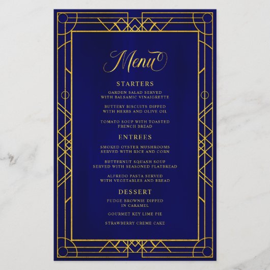 Antiek Geometric Gold Lijst Royal Blue Menu (Voorkant)