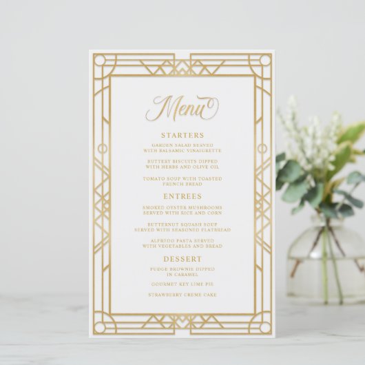 Antiek Geometric Gold Lijst White Wedding Menu (Staand voorkant)