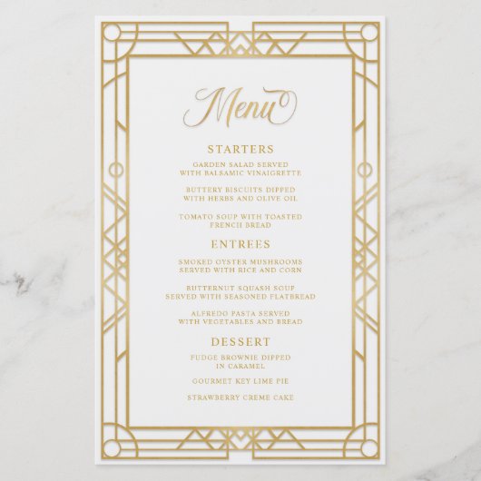 Antiek Geometric Gold Lijst White Wedding Menu (Voorkant)