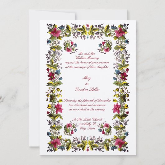 Antiek Georgisch tijdperk Bloemengrens Bruiloft Kaart (Voorkant)