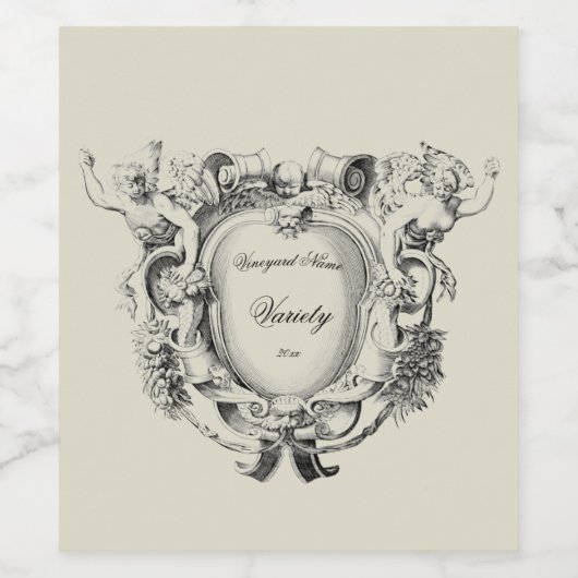 Antiek gevleugelde figuren Cartouche Label Sjabloo Wijn Etiket (Enkel label)