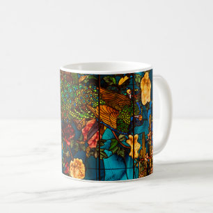 Antiek glas-in-lood met pauwen en bloemen koffiemok