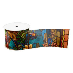 Antiek glas-in-lood met pauwen en bloemen satijnen lint