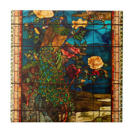 Antiek glas-in-lood met pauwen en bloemen tegeltje