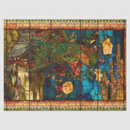 Antiek glas-in-lood met pauwen en bloemen tissuepapier