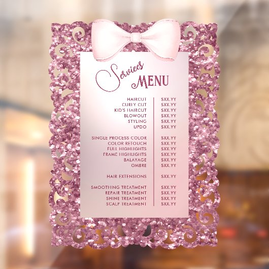 Antiek Glitter Frame Roze Strik Diensten Menu Raamsticker (Vel 2)