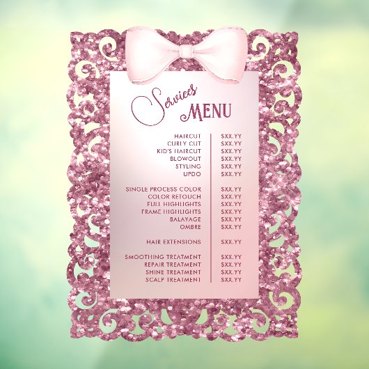 Antiek Glitter Frame Roze Strik Diensten Menu Raamsticker (Vel 3)