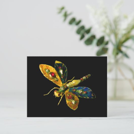 ANTIEK GOLD DRAGONFLY JEWEL, GEMSTONT IN ZWARTE KA BRIEFKAART (Staand voorkant)