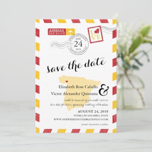 Antiek Gold en Red Spain Airmail Save the Date (Staand voorkant)