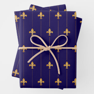 Antiek Gold Fleur-de-Lis Donkerblauw Inpakpapier Vel