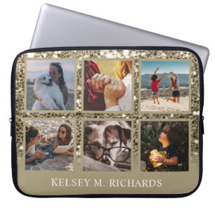 Antiek Gold Glitter 6 Foto Collage met naam Laptop Sleeve