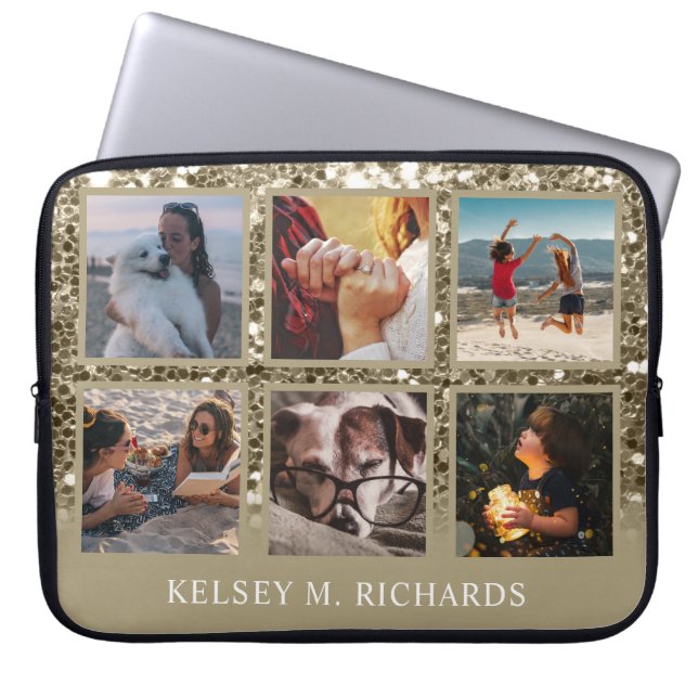 Antiek Gold Glitter 6 Foto Collage met naam Laptop Sleeve (Voorkant)