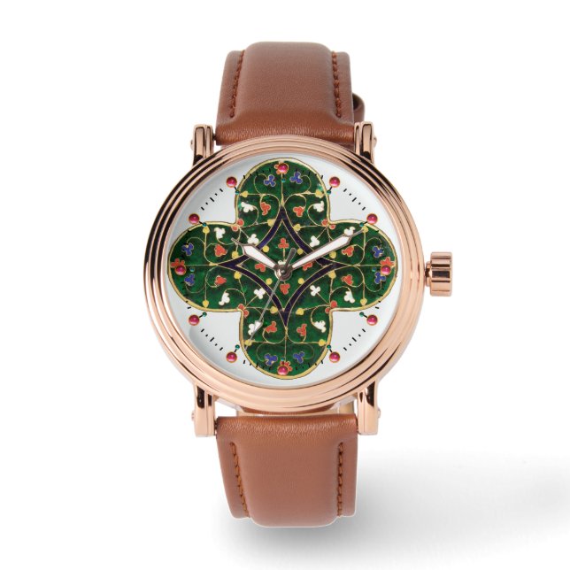 ANTIEK GOLD GREEN CLOVER JEWEL Medieval Floral Horloge (Voorkant)