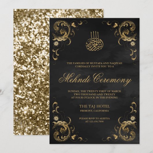 Antiek Gold Lijst Black Islamic Mehndi Kaart (Voorkant / Achterkant)