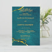 Antiek Gold Lijst Emerald Green Islamic Wedding Kaart (Staand voorkant)