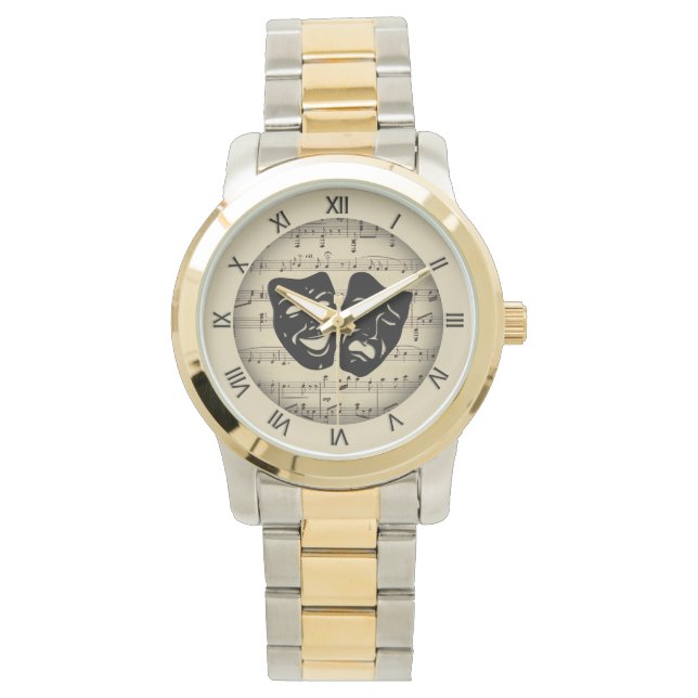 Antiek Gold Music- en theatermaskers Horloge (Voorkant)