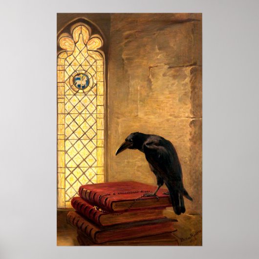 Antiek Gothic Raven op oude middeleeuwse boeken Poster (Voorkant)