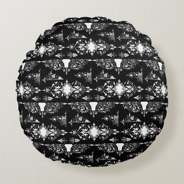 Antiek gotische  versiering zwart wit rond kussen (Voorkant)