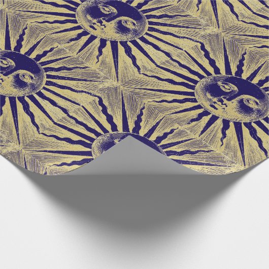 Antiek Goud Blauw Zon Gezicht Cadeaupapier (Hoek)