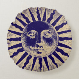 Antiek  Goud Blauw Zon Gezicht Rond Kussen