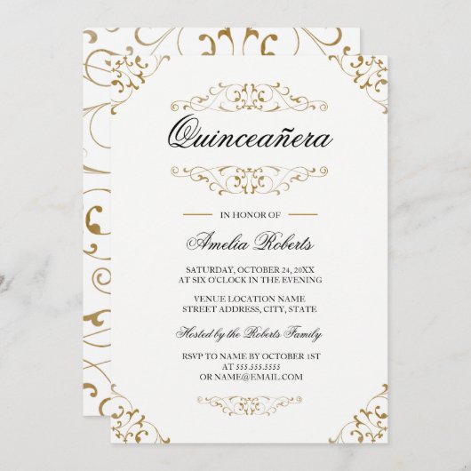 Antiek goud bloeien quinceanera uitnodiging (Voorkant / Achterkant)