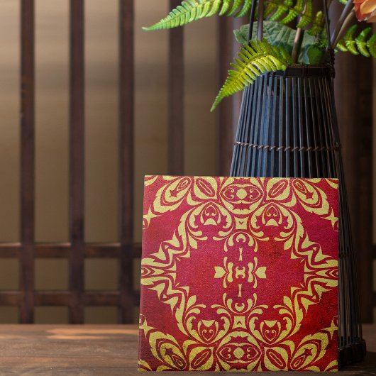 Antiek goud- en rood Damaspatroon Tegeltje