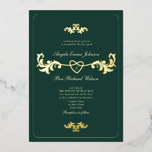 Antiek goud en smaragdgroen folie uitnodiging (Voorkant)