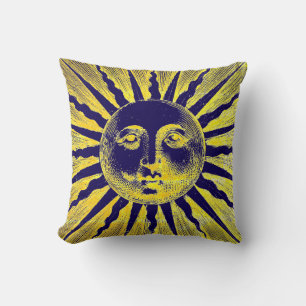 Antiek  Goud Geel Blauw Zon Gezicht Kussen