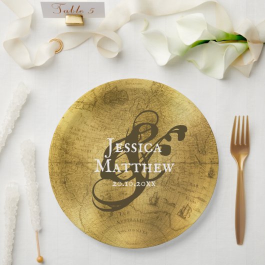 Antiek Goud Metallic Oude Kaart Trouwen Papieren Bordje (Huwelijk)