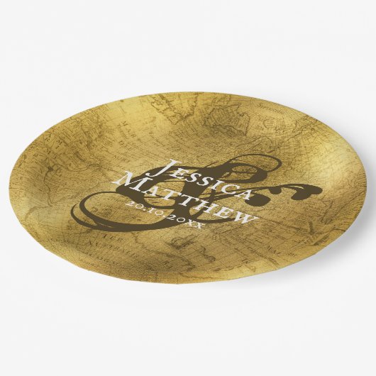 Antiek Goud Metallic Oude Kaart Trouwen Papieren Bordje (Gekanteld)