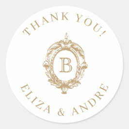 Antiek Goud Monogram Crest Bruiloft Ronde Sticker