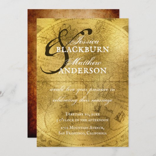 Antiek Goud  Oude Wereldkaart  Kaart (Voorkant / Achterkant)