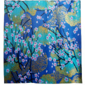 Antiek goudblauw Japans Kimono Bloembloem Douchegordijn (Voorkant)