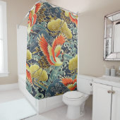 Antiek goudblauw japans kimono bloemvogel douchegordijn (In situ)