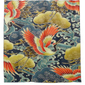 Antiek goudblauw japans kimono bloemvogel douchegordijn (Voorkant)