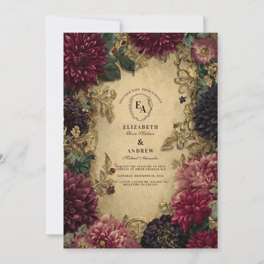 Antiek Gouden Barok en Bourgondische Dahlia Romanc Kaart (Voorkant)