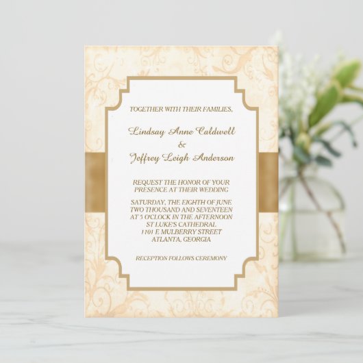 Antiek Gouden Bloemen Border Wedding Kaart (Staand voorkant)