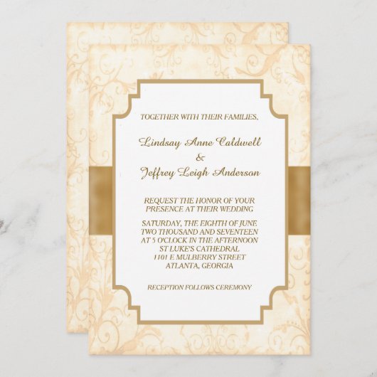 Antiek Gouden Bloemen Border Wedding Kaart (Voorkant / Achterkant)