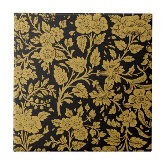 Antiek gouden bloemmotief Indiase lacquerwerk zwar Tegeltje (Voorkant)