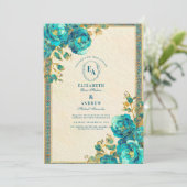 Antiek gouden en Blauwgroen botanische bruiloft Kaart (Staand voorkant)