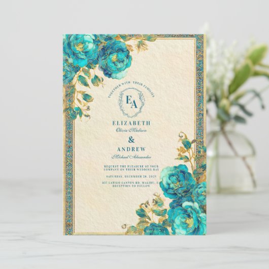 Antiek gouden en Blauwgroen botanische bruiloft Kaart (Staand voorkant)