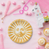 Antiek  Gouden Gele Zon Gezicht Papieren Bordje (Feest)