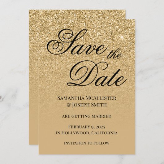 Antiek gouden glitter gradiënt save the date (Voorkant / Achterkant)